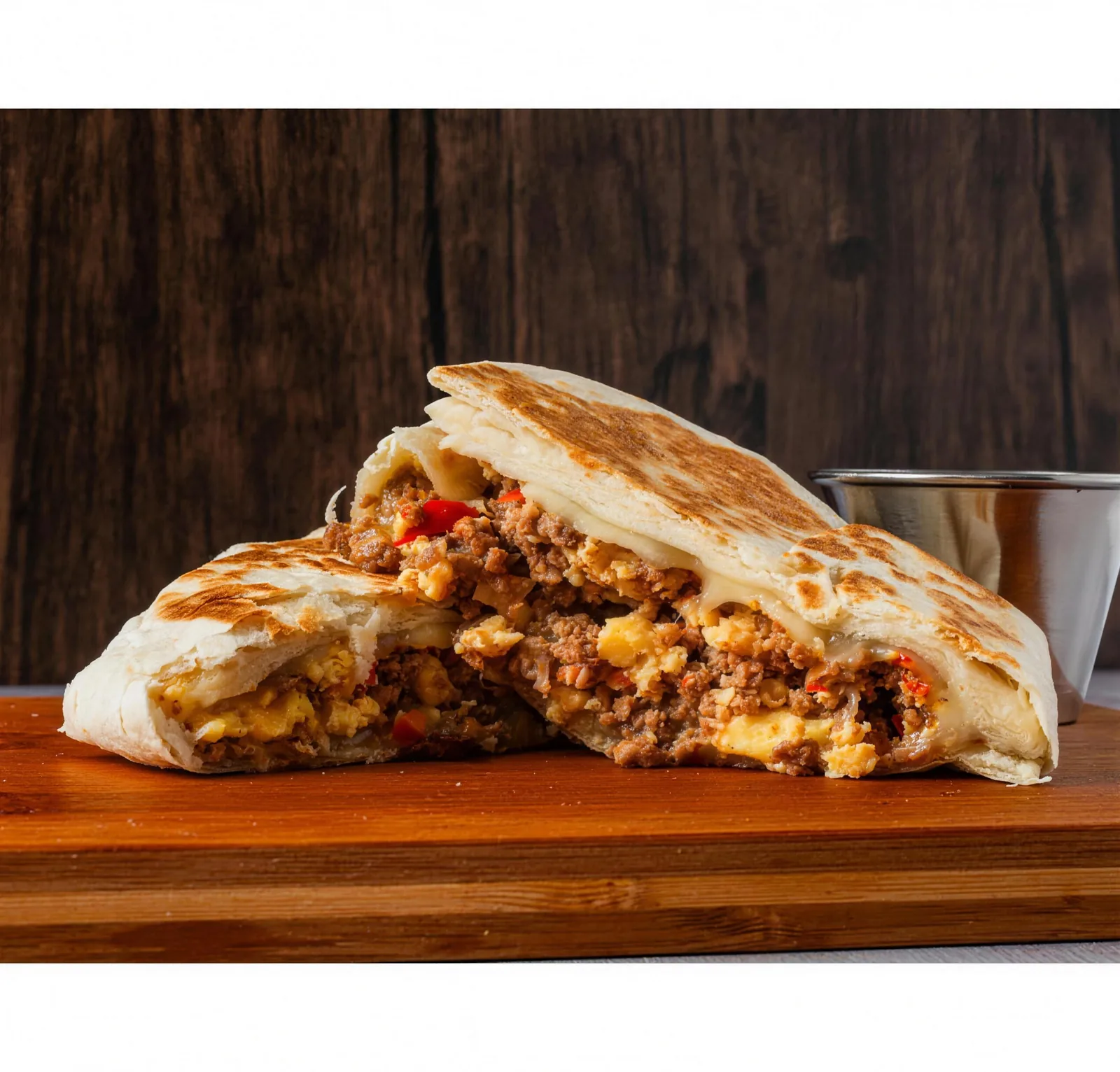 Nutre Breakfast Crunchwrap cut open, filled with scrambled eggs, sausage, and melted cheese